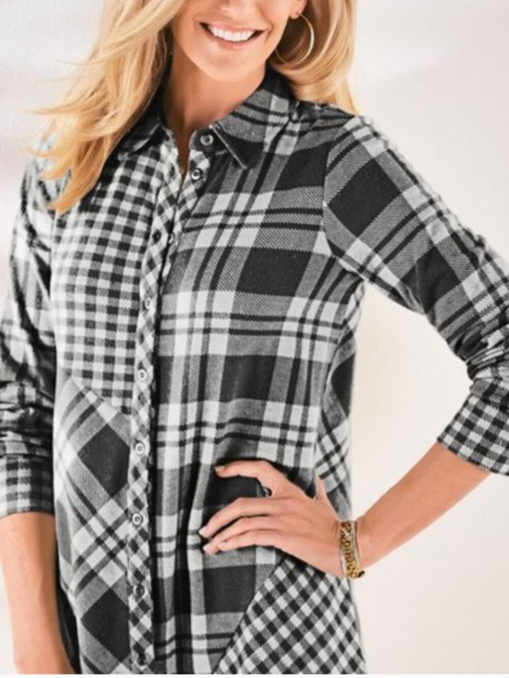 Soft Surroundings Button Top Paramount Plaid Shirt Grey Flannel Size L